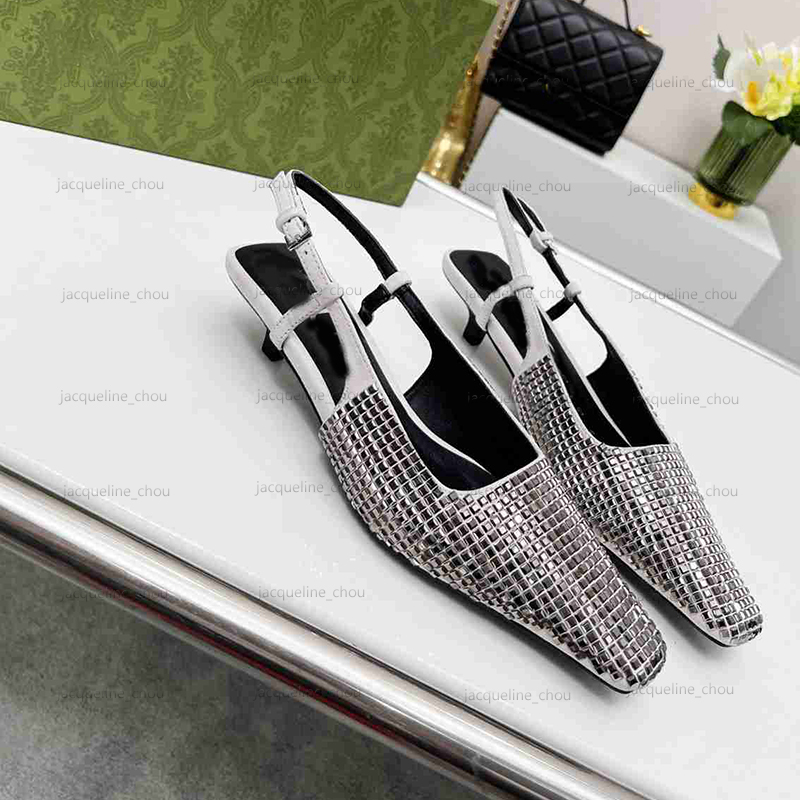 Women Fashion Designer Heel Sandal 3.5cm Think Heels Luxury Rhinestone Sling Back Summer Sandales Woman Wedding Shoes With Box