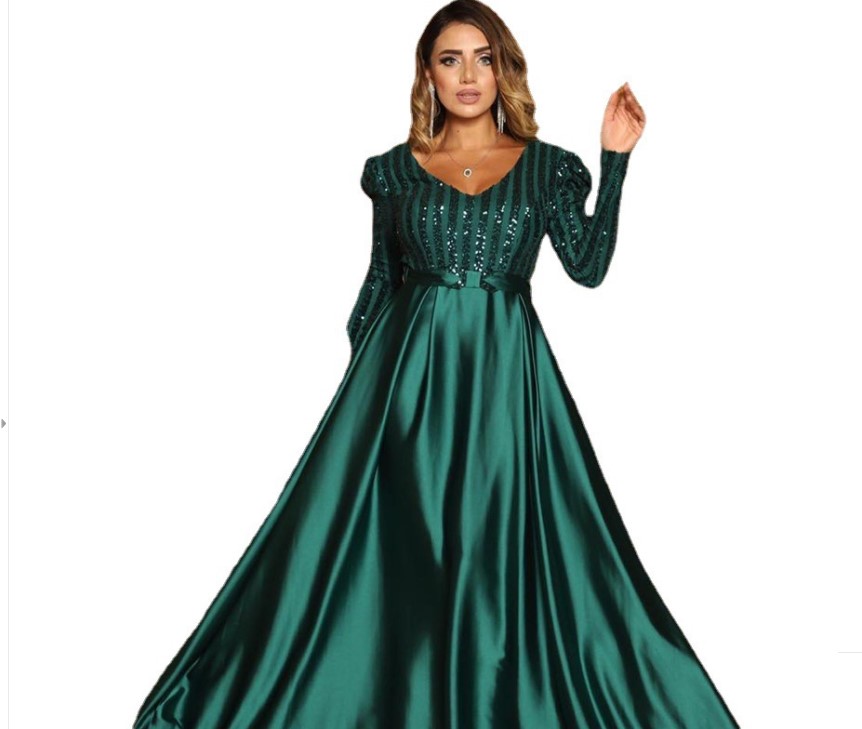 New Fashion Women Dress Lady Sexy Deep V-neck Sequin Long Sleeve Floor Length Bling Big Hem Party Evening Maxi Dress