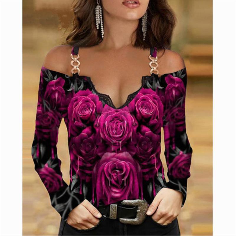 SNAKE YX Woman Tshirts Metal Shoulder Strap Long sleeved Lace Rose Print Oversized Sexy Tops Plus Fashion 220714