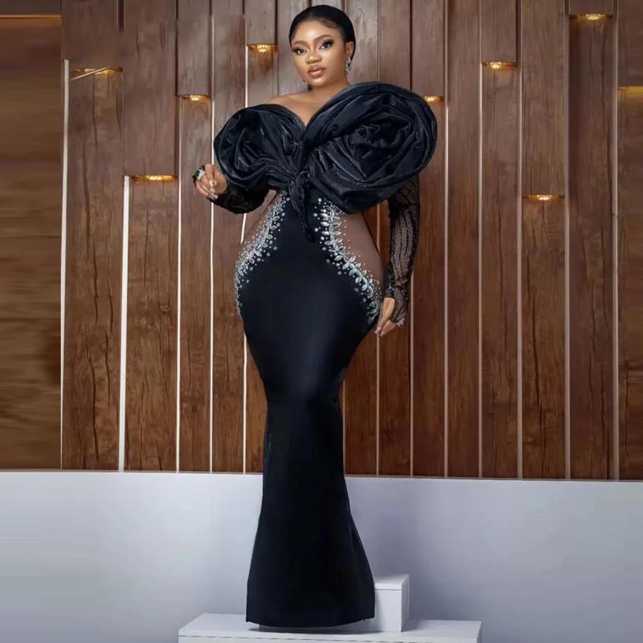 Arabic Aso Ebi Black Mermaid Prom Dresses 2022 Beaded Crystals Sheer Neck Long Sleeves Plus Size Evening Ocn Gowns Robe De Soiree 0431