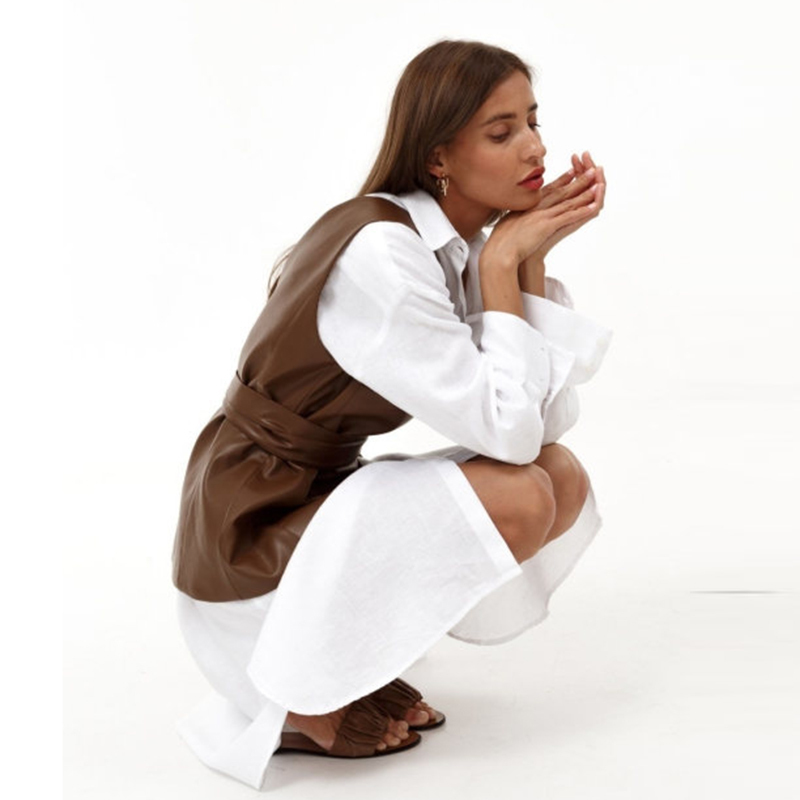 Women's PU Vest Casual Solid Asymmetric Bandage Leather Office Lady Vintage All Match One Shoulder Chic Streetwear 220325