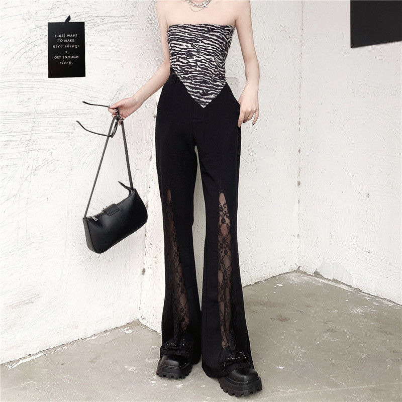 Black Lace Gothic Flare Pant Plus Size Vintage Fairy Grunge Punk Harajuku Trousers Y2k Dark Aesthetic Emo Alt Clothes 220325