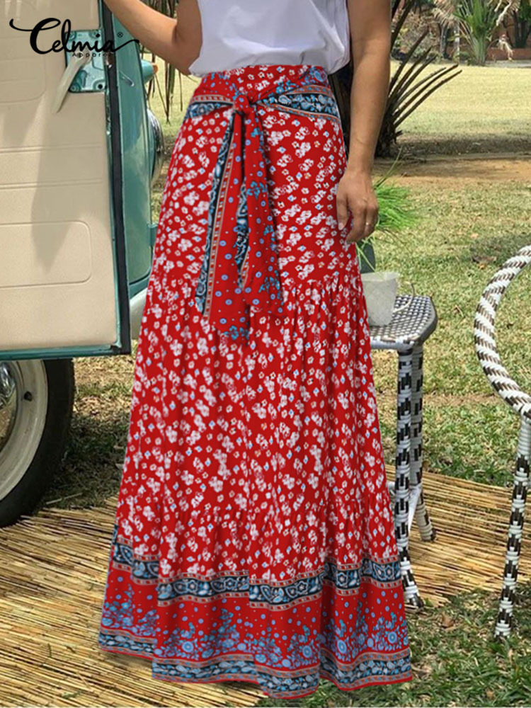 Long Skirts Women Fashion Celmia Autumn Bohemian Floral Printed HighWaisted Maxi Skirt Vintage Casual Loose Bandage Bottom 220701