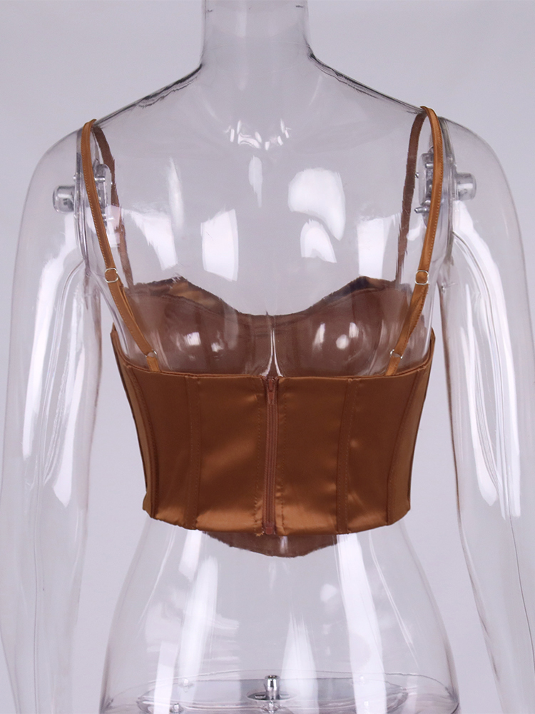 Asia Satin Corset Top Spaghetti Strap Lining Cowl Neck Boning Padded 2Layer Backless Zipper Bustier Sexy Crop Tops Women 220316