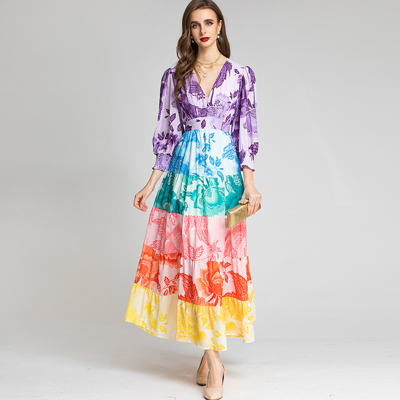 Women's Runway Dresses Sexy V Neck 3/4 Sleeves Printed Tiered High Street Fashion Designer Dress, Multi
Women's Runway Dresses Sexy V Neck 3/4 Sleeves Printed Tiered High Street Fashion Designer Dress, Multi