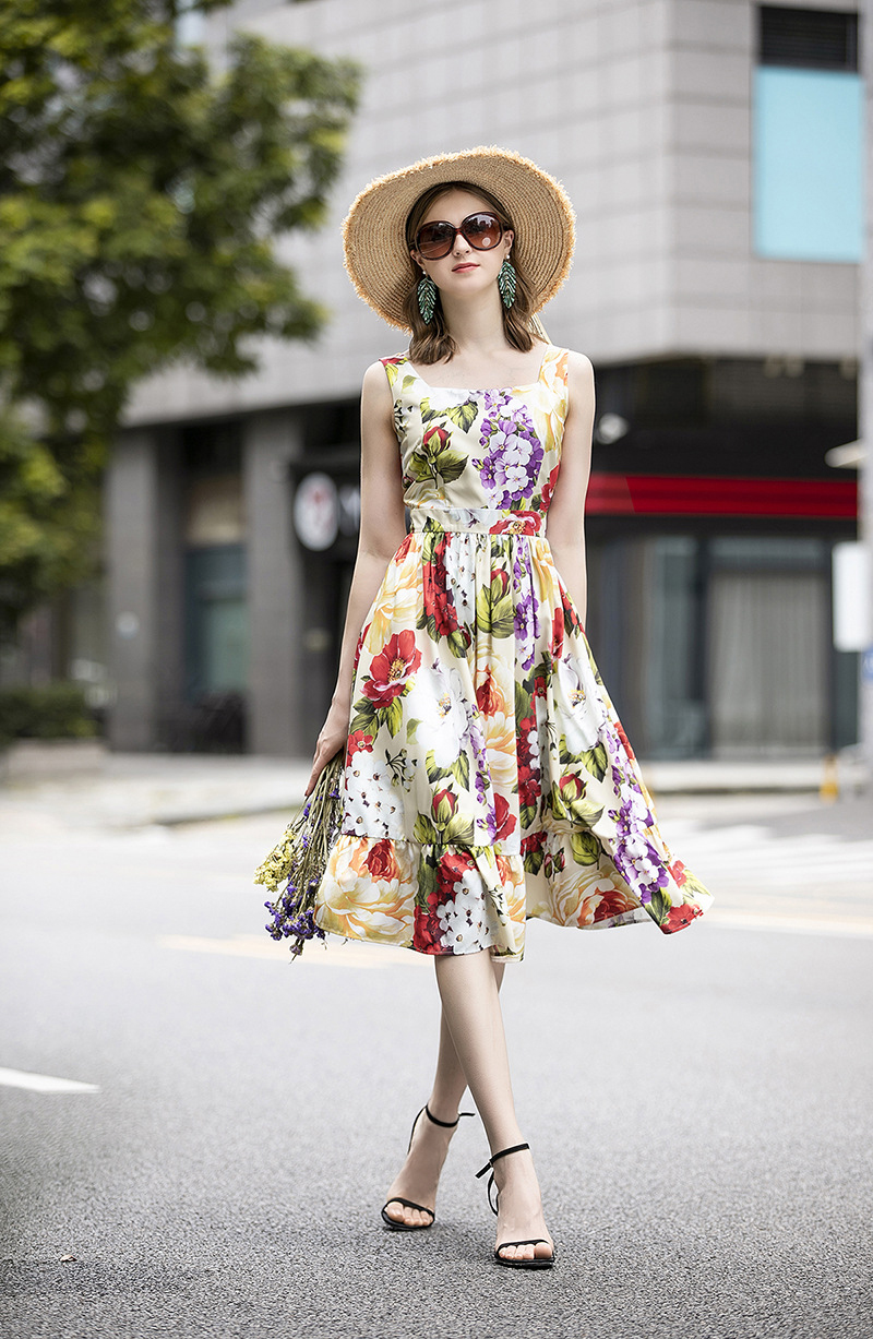 Women's Runway Dresses Spaghetti Straps Floral Printed Ruffles Fashion Summer Holiday Dress Vestidos