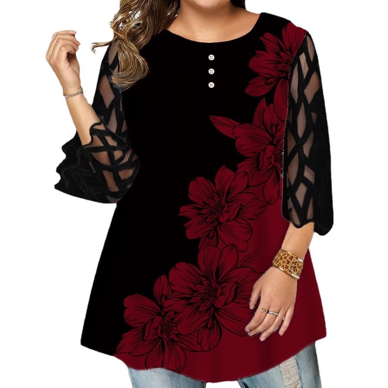 Spring and Autumn Women Fashion Loose Casual T Shirts Half Sleeve Mesh Sleeves Floral Print Round Neck Tops 220714