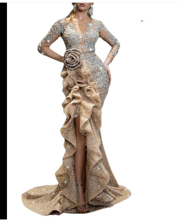 Plus Size Gold Sequins Mermaid Prom Dresses Elegant Long Sleeves Evening Gowns 2022 Off Shoulder Women High Split Formal Dress
