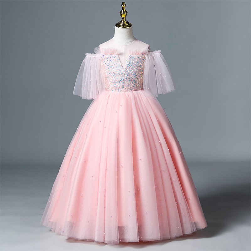 2022 blingbling Beautiful Pink Flower Dresses for Weddings sequined Pretty Formal Girls Gowns Cute Satin Puffy Tulle Pageant Dress Spring
