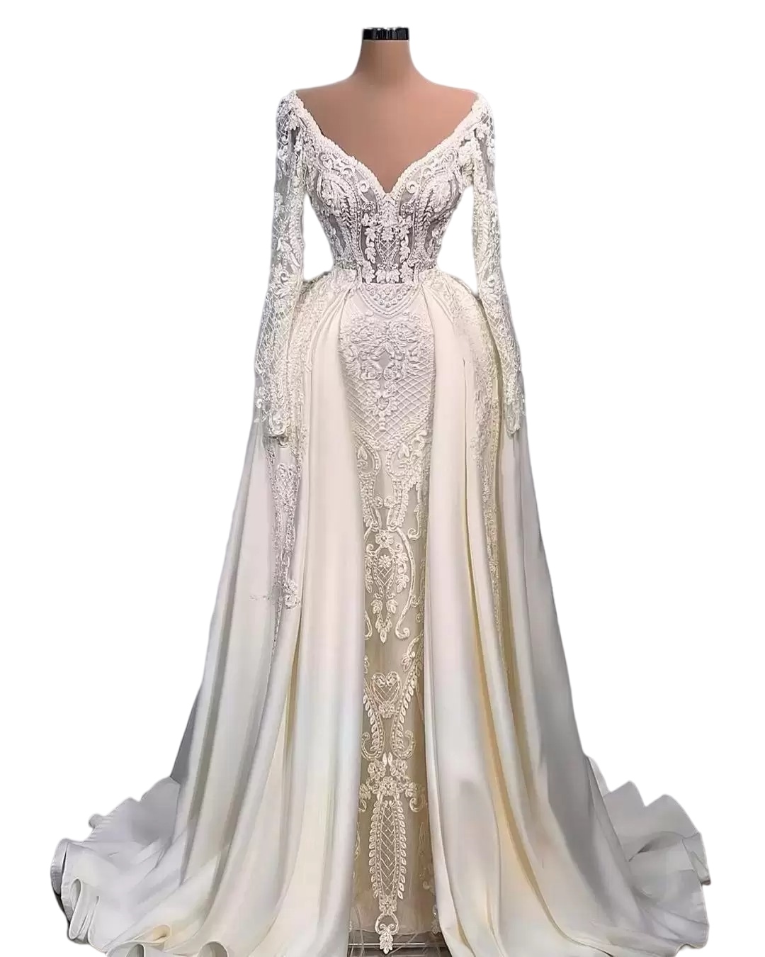 Mermaid Wedding Dress Applqiues Long Sleeves Satin Lace V Neck Hollow Floor Length Detachable Train Bridal Gowns Vestido De Novia