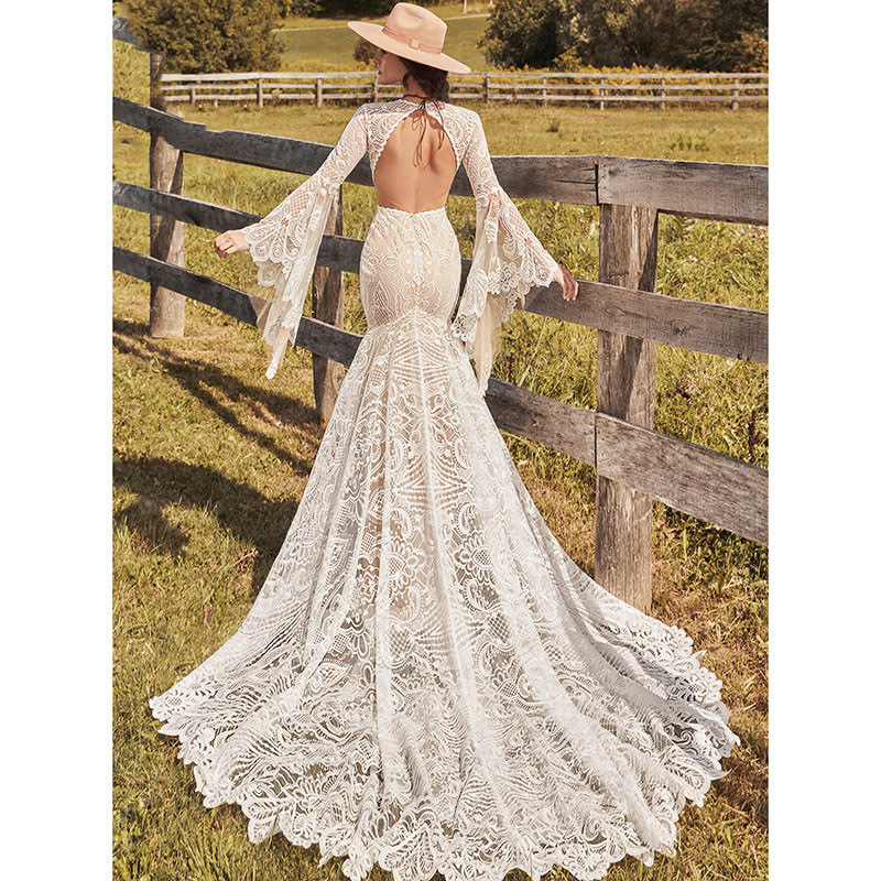Mermaid Boho Bohemian Wedding Dresses Beach Lace Long Flare Sleeve Split Middle Open Back country hippie fishtail Bridal Gowns