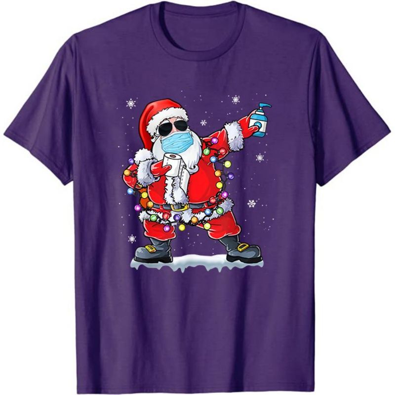 Social Distancing Christmas Santa Pattern T Shirt Funny Casual Xmas Coloured Lamp Short Sleeve ee 220321