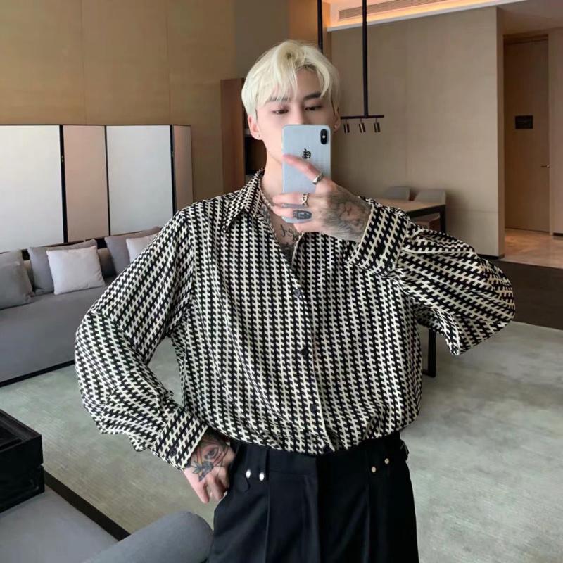 Men039s Casual Shirts TAVARES Men Houndstooth Long Sleeve Plaid Shirt Baggy Oversized Gothic Harajuku Button Up Cardigan Tops