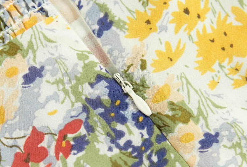 Retro French Yellow Green Floral Grass Print Spaghetti Strap Dress Sexy Women Lacing Up Sling Short Dresses Holiday Robe 220511