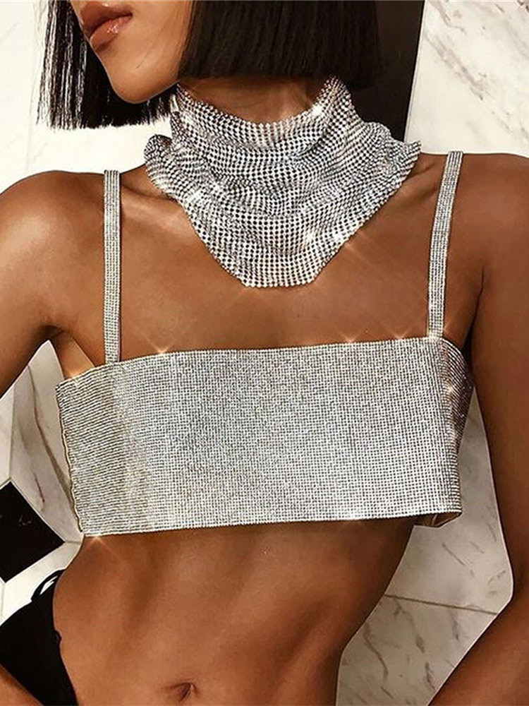 Glitter Club Crop Top Women Off Shoulder Tank Cami Clothing Super Short Party Night Shiny Bling Sexy Sleeveless Tube Tops Y2K 220325