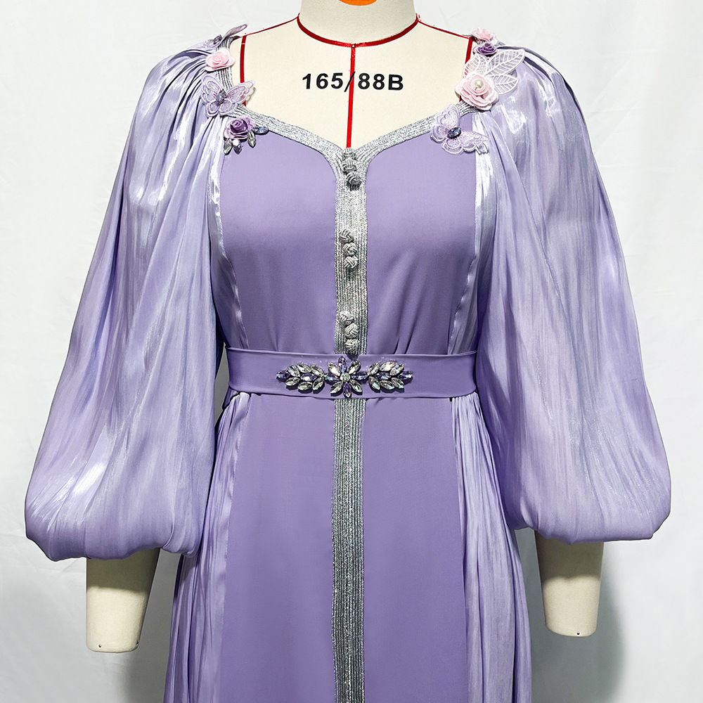 Fancy Lilac Butterfly Arabic Evening Dress Dubai Abaya Elegant A Line Puff Sleeve Prom Dresses Glitter Quicksand Muslim Dress Formal Special Occasion 