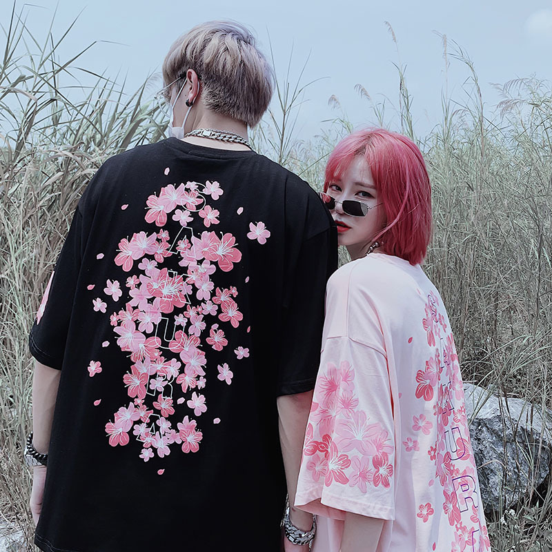 Summer High Quality Cherry Blossom Print Short-sleeved Shirt Oversized Cotton Hip Hop Romantic Men And Women Couple T-shirt 220321