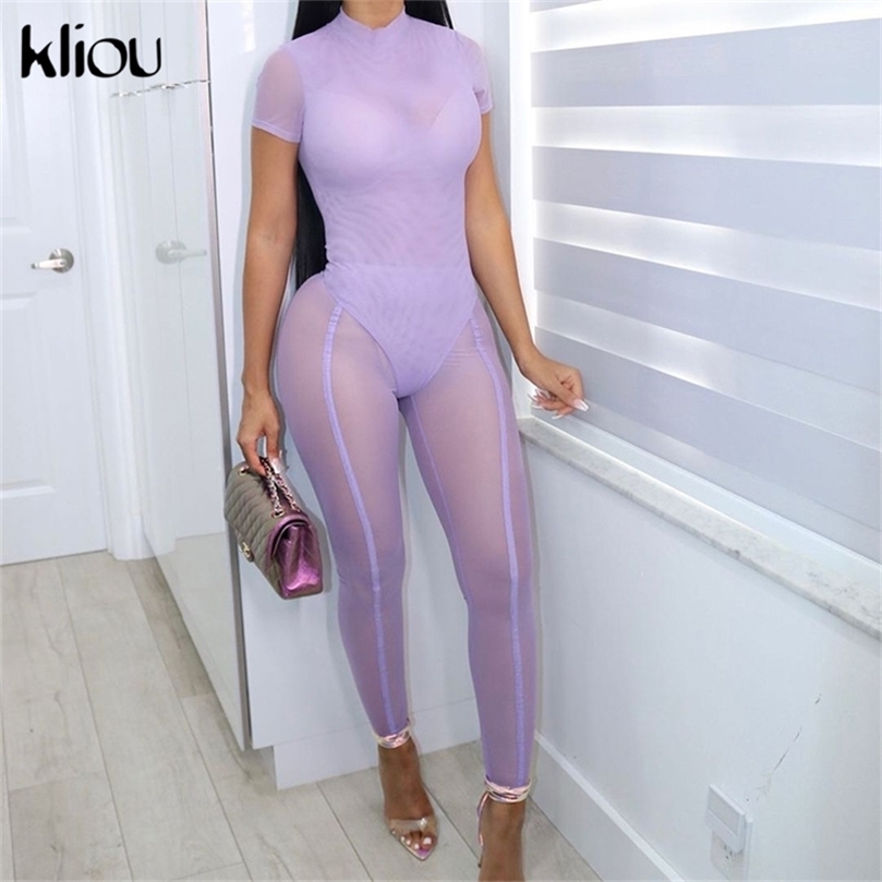 Kliou Charming Mesh Two Piece Set Women Solid See Through Short Sleeve Bodysuit And Sheath Sheer AllMatch Pants Clubwear 220602