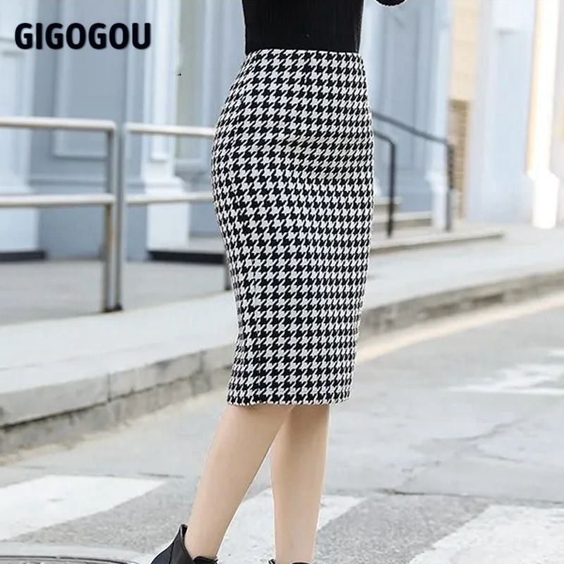 GIGOGOU Houndstooth Elastic Band Women Skirts Autumn Winter Warm Knitted Pencil Bodycon Ribbed Midi Sweater Split Up 220317