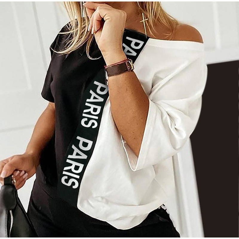 Off Shoulder Tracksuit Women Two Piece Set Summer Clothes Letter Print Colorblock Tshirt Top and Pants Suit Women's Sets Outfits 220509