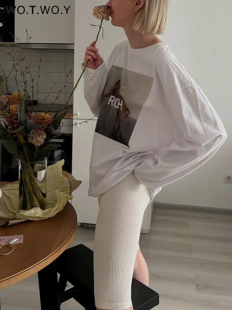 WOTWOY Long Sleeve Funny Printed Graphic T shirt Cotton Casual Loose Basic Tops Female White Cute Tee Shirts Harajuku 220728