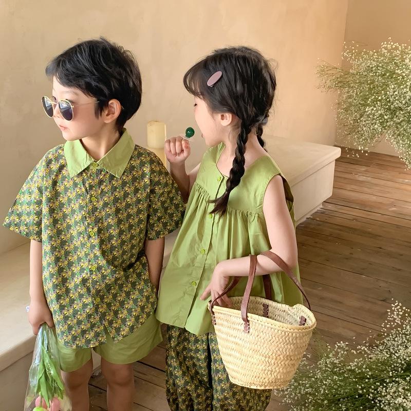 Clothing Sets Kids Clothes Girls Outfits Summer Fashion Solid Floral Short Sleeve Shorts Suit For Babies Cotton Brother Sister SetsClothing, Z1095b