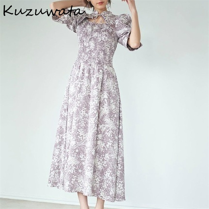 Kuzuwata Stand Collar Lace Up Hollow Out Half Flare Sleeve Vestidos Elasticity Empire Printed Slim Dress Japanese Gentle Robes 220527
