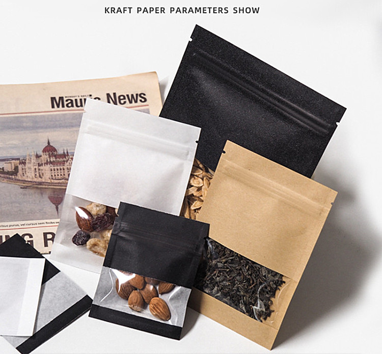 100pcs Flat Bottom Kraft Black White Paper Window Zip Lock Bag Resealable Snack Coffee Beans Powder Candy Capsule Nuts Tea Heat Sealing Packaging Pouc