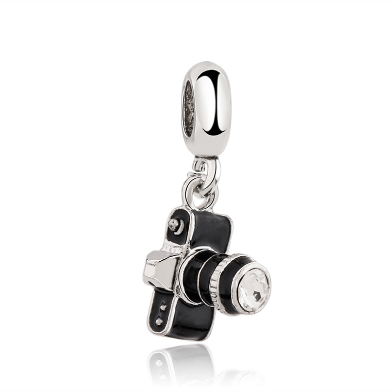 925 Sterling Silver Dangle Charm Black series cat eye glass bead crystal SLR camera glasses Beads Bead Fit Charms Bracelet DIY Jewelry Accessories