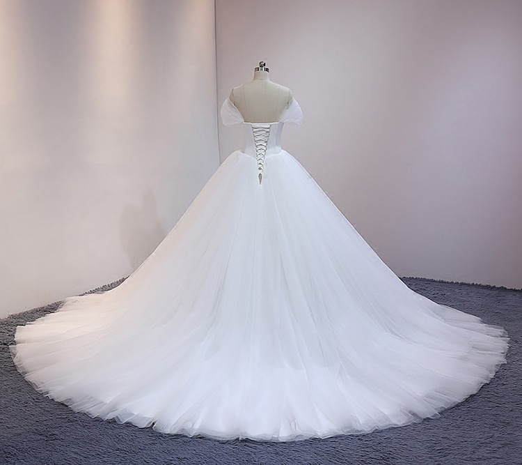 Princess A Line Wedding Dress Elegant Long Train Chapel Bridal Gowns Sexy Off The Shoulder Ivory White Tulle Bride Wedding Dresses Lace Up Plus Size R