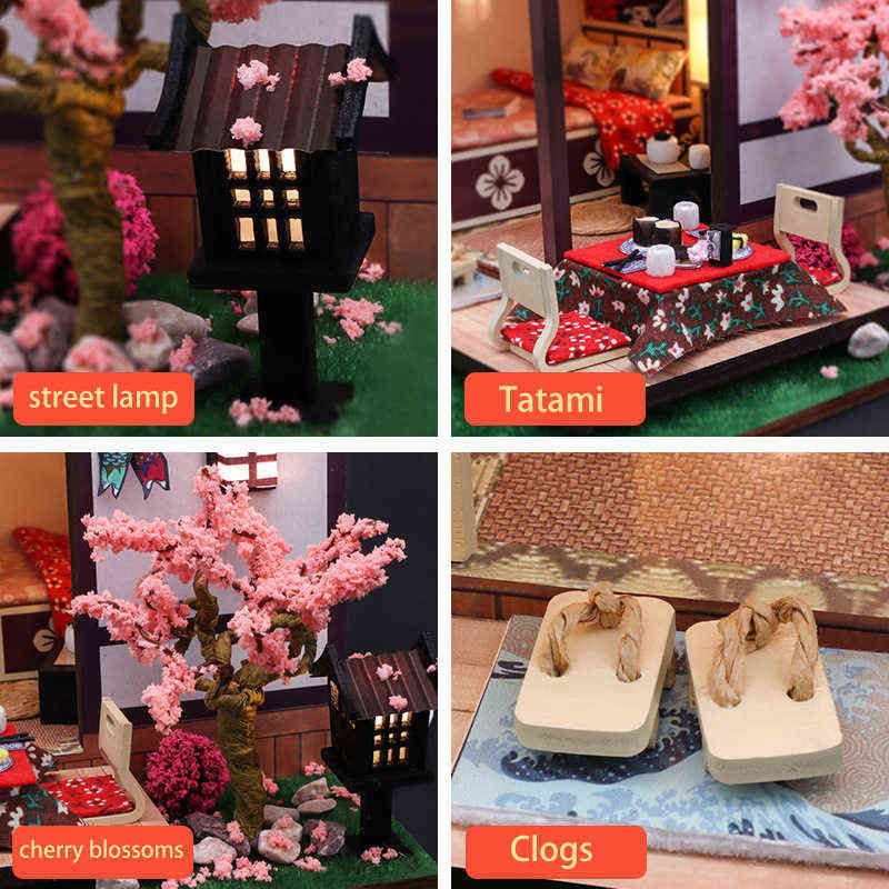 DIY Wooden Casa Japanese Dollhouse Kit Assembled Miniature Furniture Light Doll House with Cherry Blossoms Toys for Adult Gifts AA220325