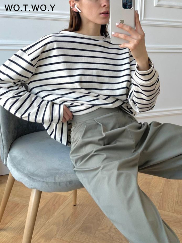 WOTWOY Casual Striped Oversized T Shirt Women Autumn Soft Cotton Tee Female Long sleeved Basic Loose Knitted Tops 220728