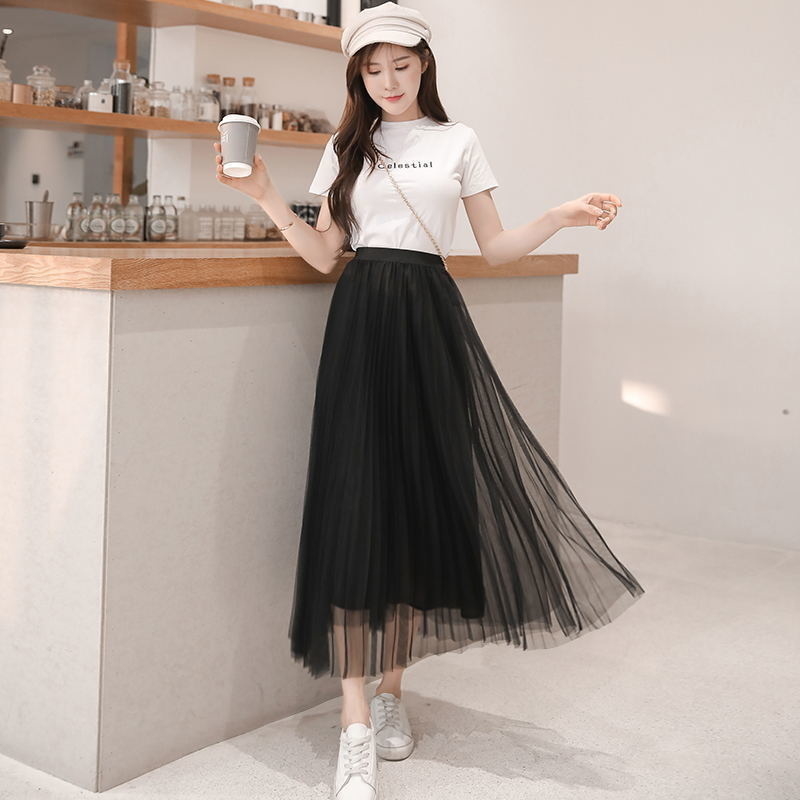 Tulle Skirts Summer Long Maxi Female Elastic High Waist Pleated Tutu Sun Black Gray Pink 220322
