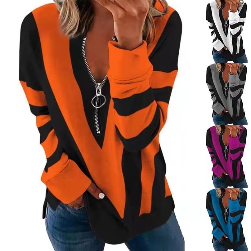 Autumn and Winter Tops Women's V-neck Zipper Stripe Printing T-shirt Long-sleeved Casual Plus Size Pullover Ladies Top 220407, Blue
Autumn and Winter Tops Women's V-neck Zipper Stripe Printing T-shirt Long-sleeved Casual Plus Size Pullover Ladies Top 220407, Blue