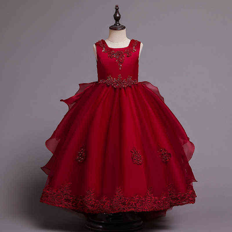 Kids Girls Beaded Elegant Wedding Flower Girl Dress Princess Party Pageant Formal Sleeveless Lace Tulle 2-8 Y Y220510