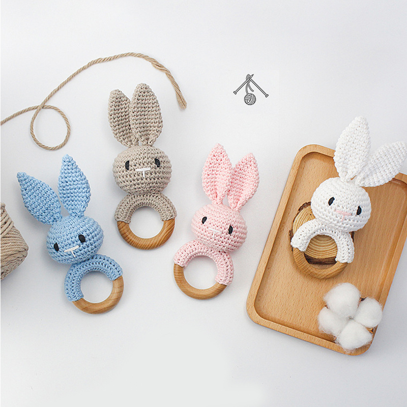 1Set Crochet Bunny Baby Teether Rattle Safe Beech Wooden Teether Ring Pacifier Clip Chain Set born Mobile Gym Educational Toy 220514