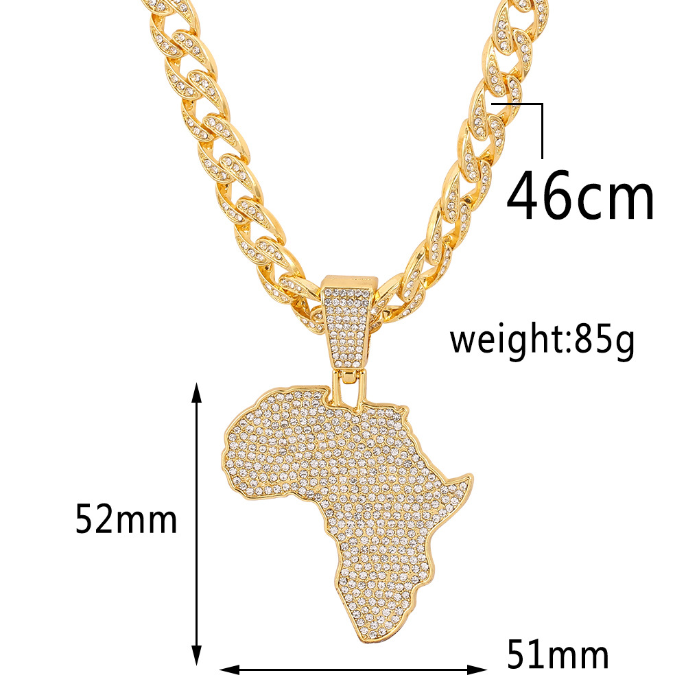 Iced Out Chain Big African Map Pendant Necklaces Men's Hip Hop Gold Color Cuban Link Chain Necklace for Men Male Gemstone Miami Rapper Wolf Tide 