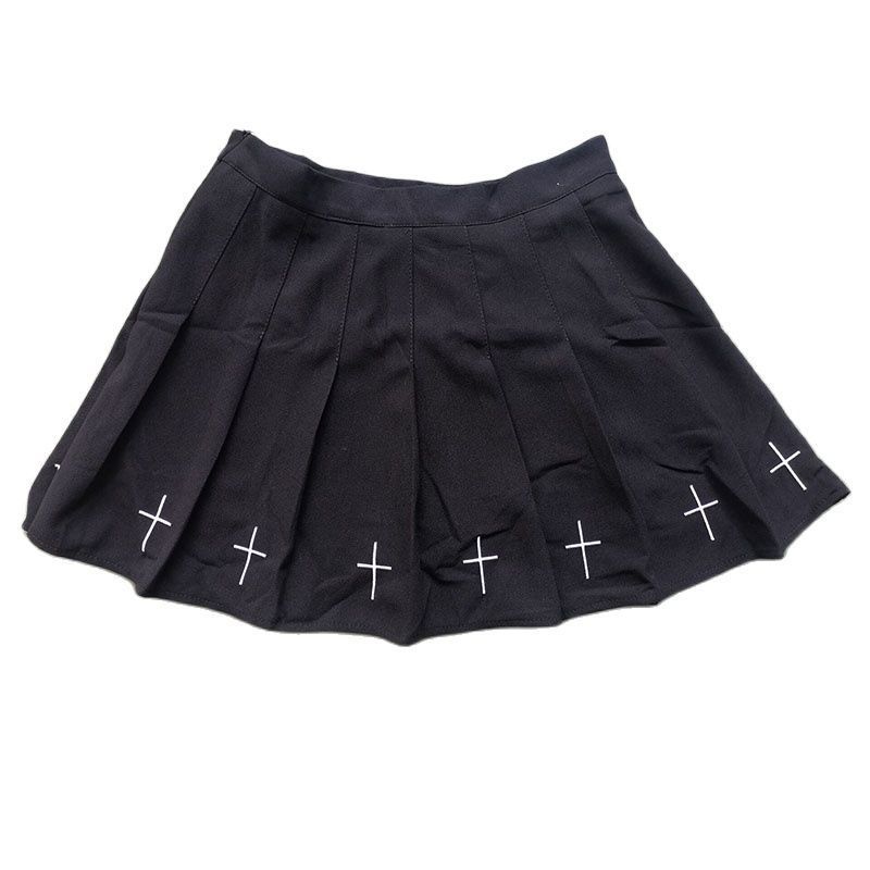 High Waist Mini Black Skirts Gothic Streetwear Cross Print Pleated Women Casual College Lolita Harajuku Skirt 220317