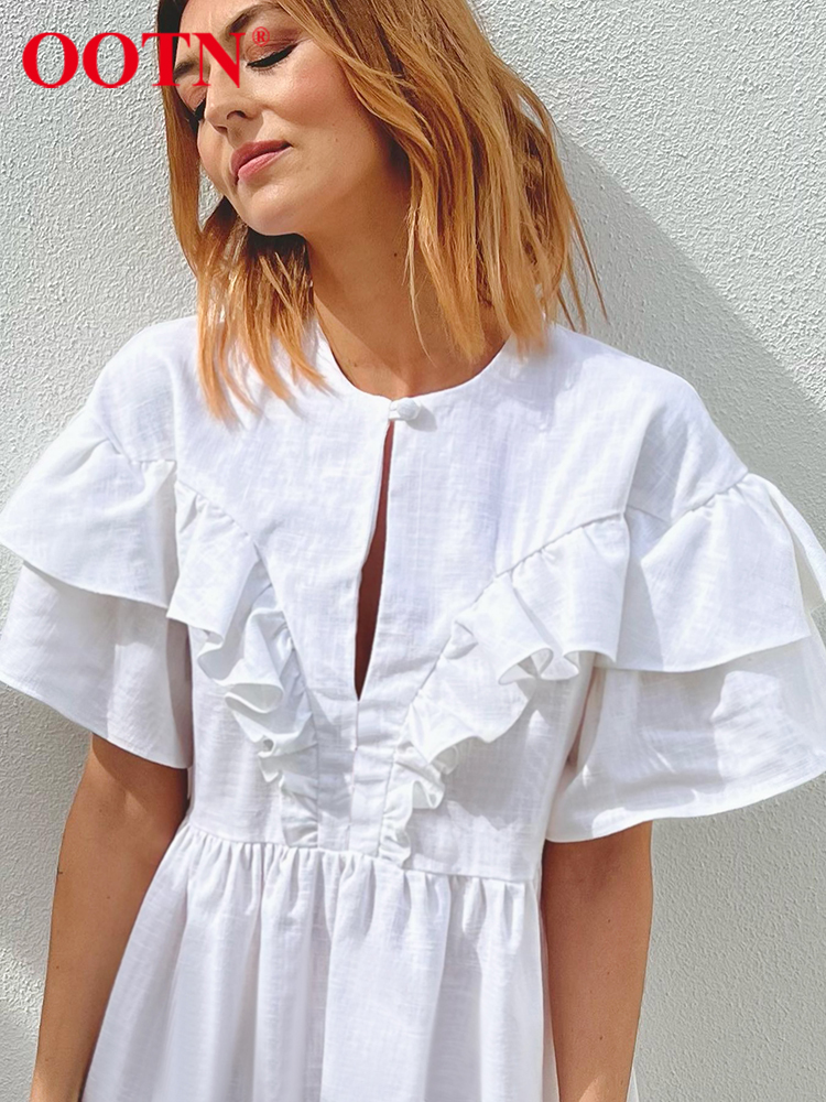 OOTN Summer Holiday Casual Dress Women Loose White A-Line Elegant Mini Dress Ruffled Thin Cotton Linen Outing Comfort Dress Lady 220511