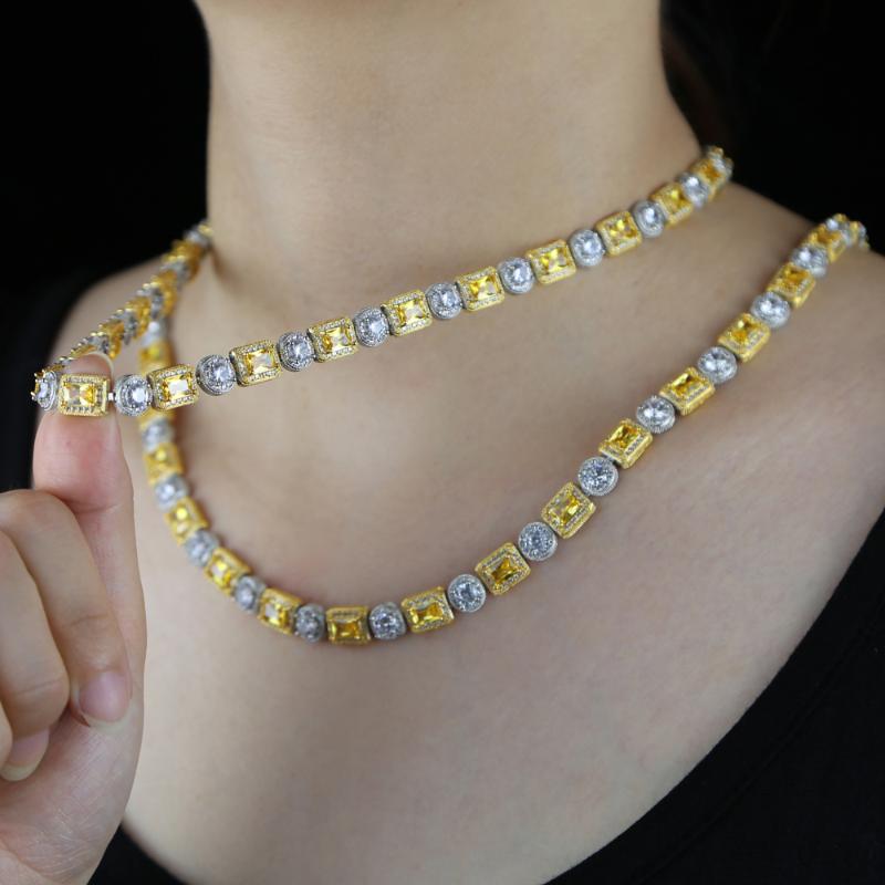 Chains Iced Out Bling Cz Cluster Necklace For Women Men Clear Yellow Two Tone Round Rectangle Geometric Tennis Chain Hiphop Jewelr