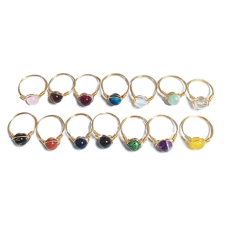 Wire Wrap Natural Raw Stone Rings Lapis Lazuli Amethysts Tiger Eye Opal Pink Crystal Ring for Women Jewelry