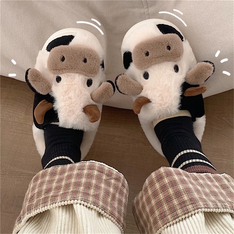 Milk Cow Fluffy Fur Slippers Women Winter Warm Closed Plush Home Bunny Kawaii Flat Cute Animal Dog Slides Shoes 220817