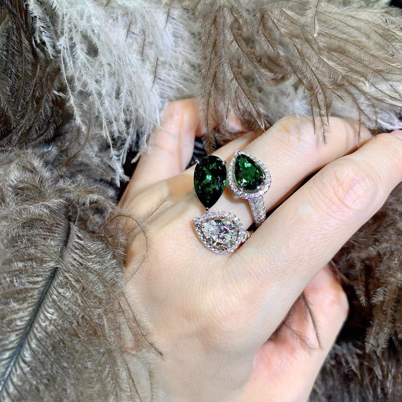 Highend Emerald Malachite Green Zircon Diamond Ring Female Opening Adjustable Light Luxury Cool Style Jewelry Wedding Accessories