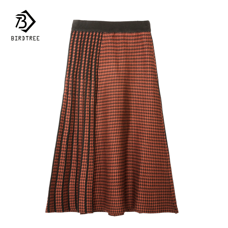 Autumn Winter Women Houndstooth Patchwork 80cm Midi Skirts Elastic High Waist Pleated Vintage Casual Fashion Skirt Lady B17702X 220317