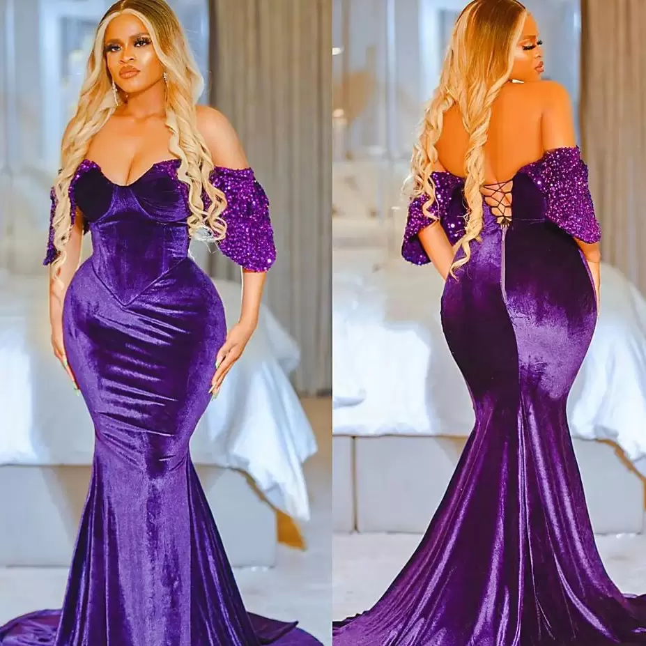 Prom Mermaid Purple Dresses Short Sleeves Off The Shoulder Ruffles Sweep Train Veet Sequins Evening Party Gowns Plus Size Custom Made Formal Ocn Wear