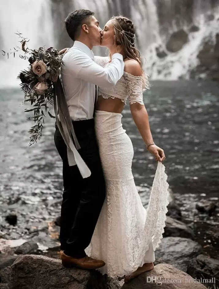 Mermaid 2022 Lace Wedding Dresses Bridal Gown Beaded Two Piece Short Sleeves Sweep Train Custom Made Beach Country Boho Vestidos De Novia