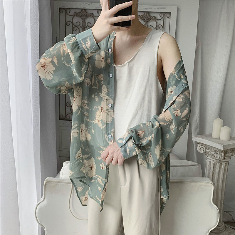 Men's Hawaiian Shirt Long Sleeve Sunscreen Clothes Floral Printing Loose Camisa Masculina Fashion s M-XL 220322