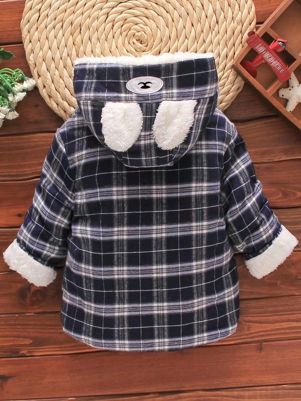 Toddler Boys 3D Ear Hooded Plaid Thermal Lined Coat SHE