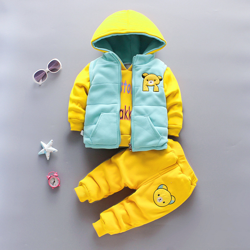 Boy Clothes Autumn Cotton Thick Warm Casual Hooded Sweater Winter Cartoon Cute Bear ThreePiece Baby Girl Suit 04Y 220721