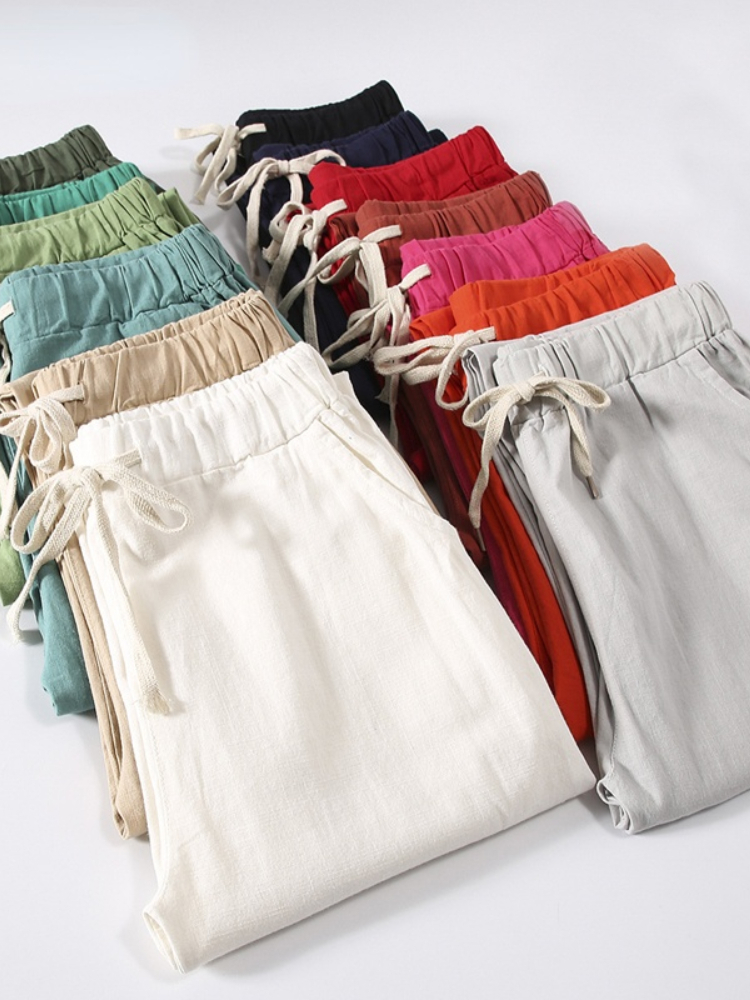 Spring Summer Casual Cotton Linen Pant Elastic Waist Solid Pockets Retro Loose Women's Harem Trousers Bottoms 220325
